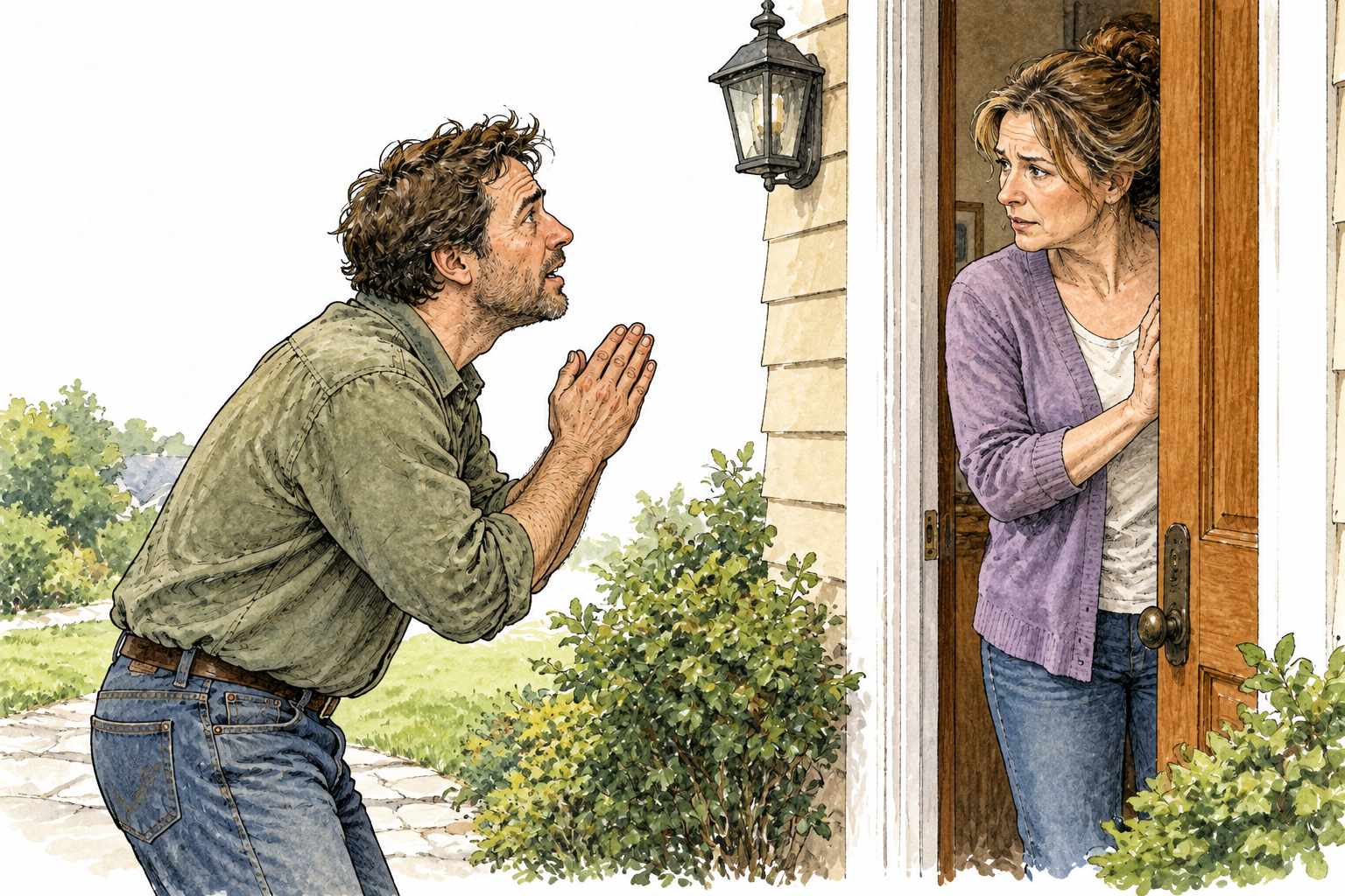 A white adult earnestly pleads for help from a neighbor at a doorway, clasped hands and urgent expression.