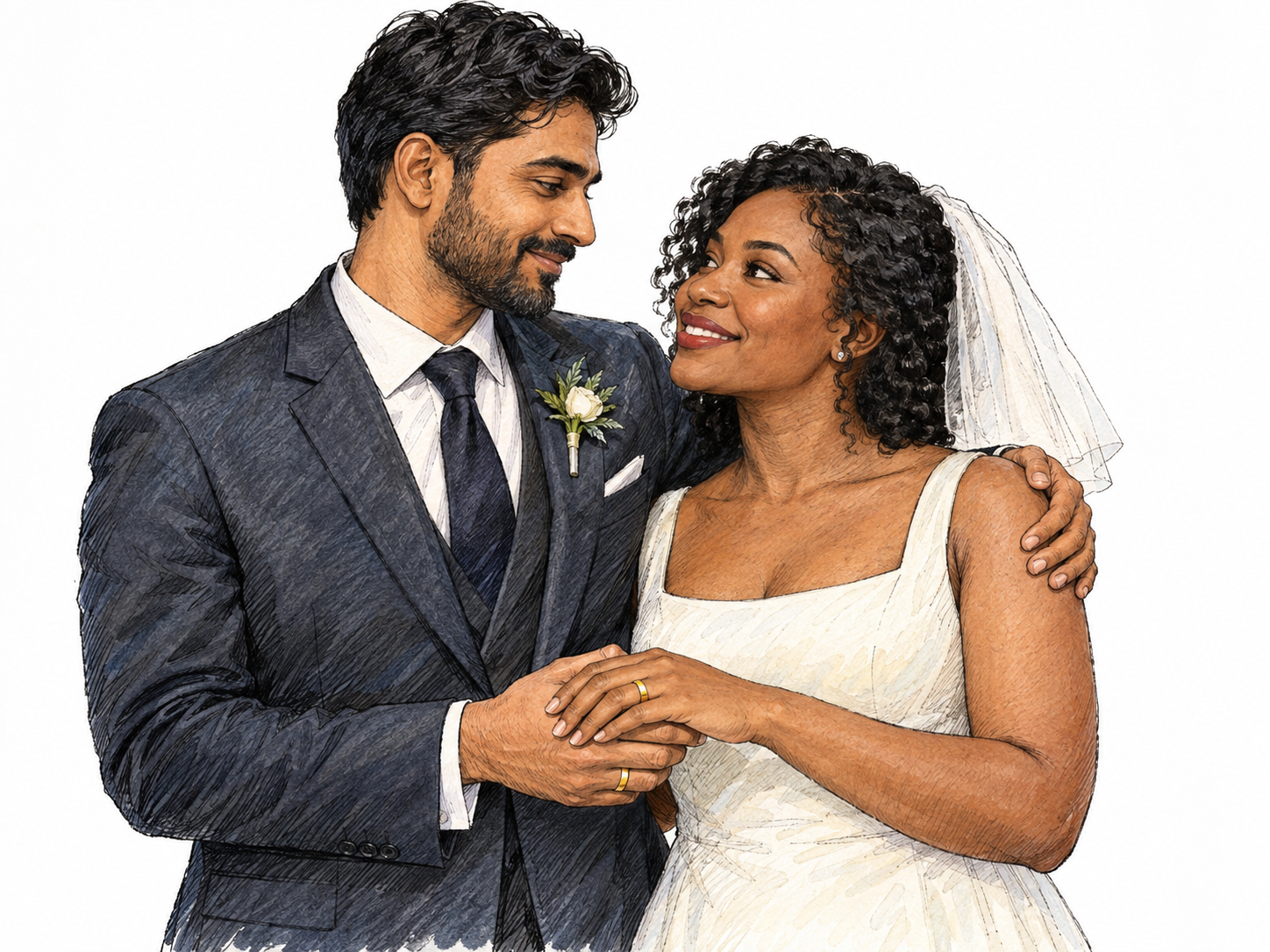 A newly married man and woman in wedding clothes share a quiet affectionate moment, their joined left hands and matching wedding bands prominent.