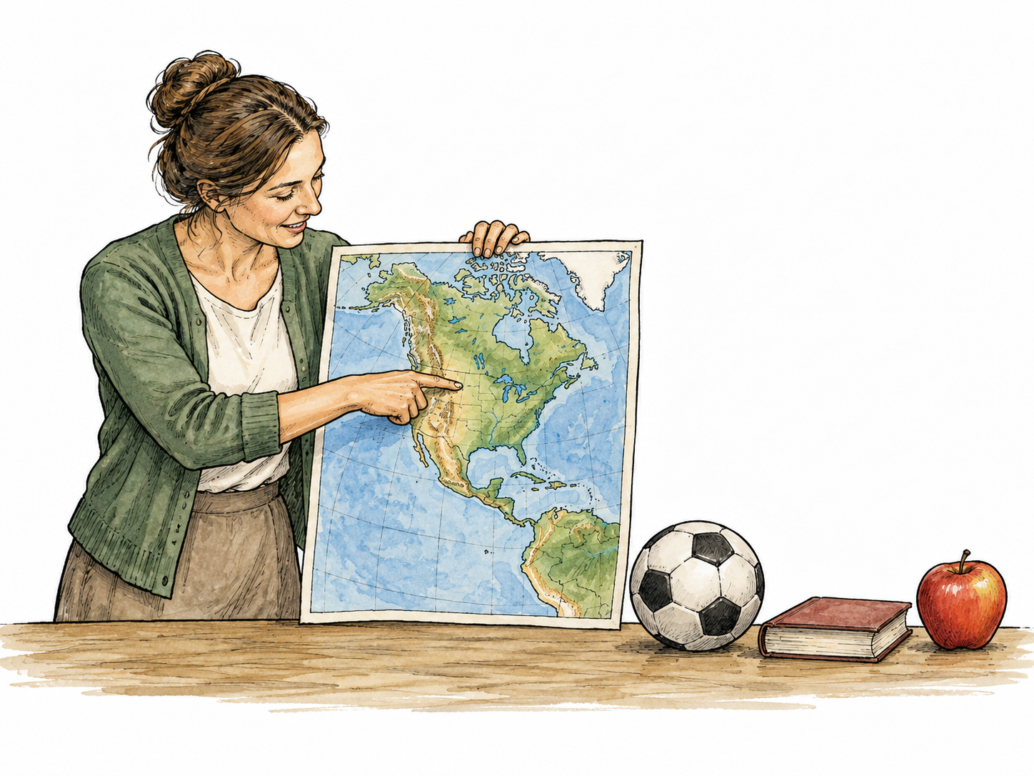 A teacher selects a map directly related to the geography lesson while unrelated objects sit aside.