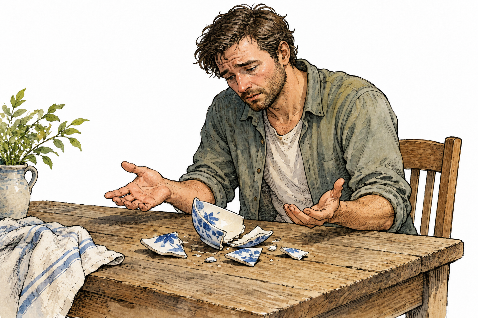 A person sadly looks at a broken favorite ceramic bowl with regretful sigh and open hands, disappointment without text.