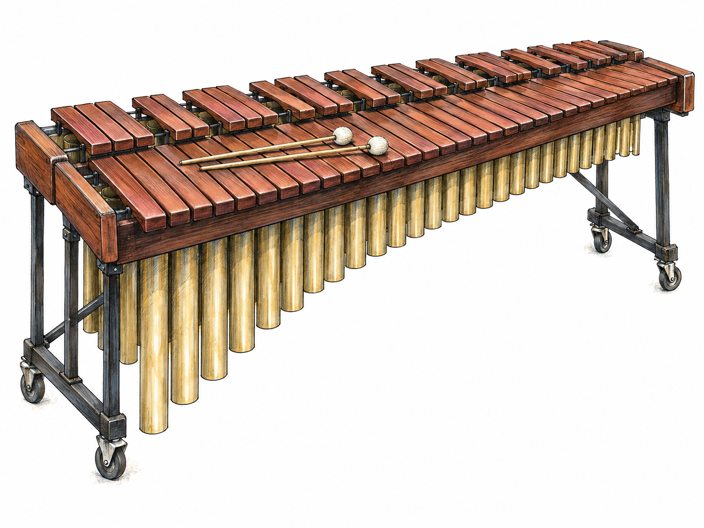 An isolated modern concert marimba with graduated wooden bars, prominent resonator tubes beneath, and two yarn-headed mallets resting across the bars.