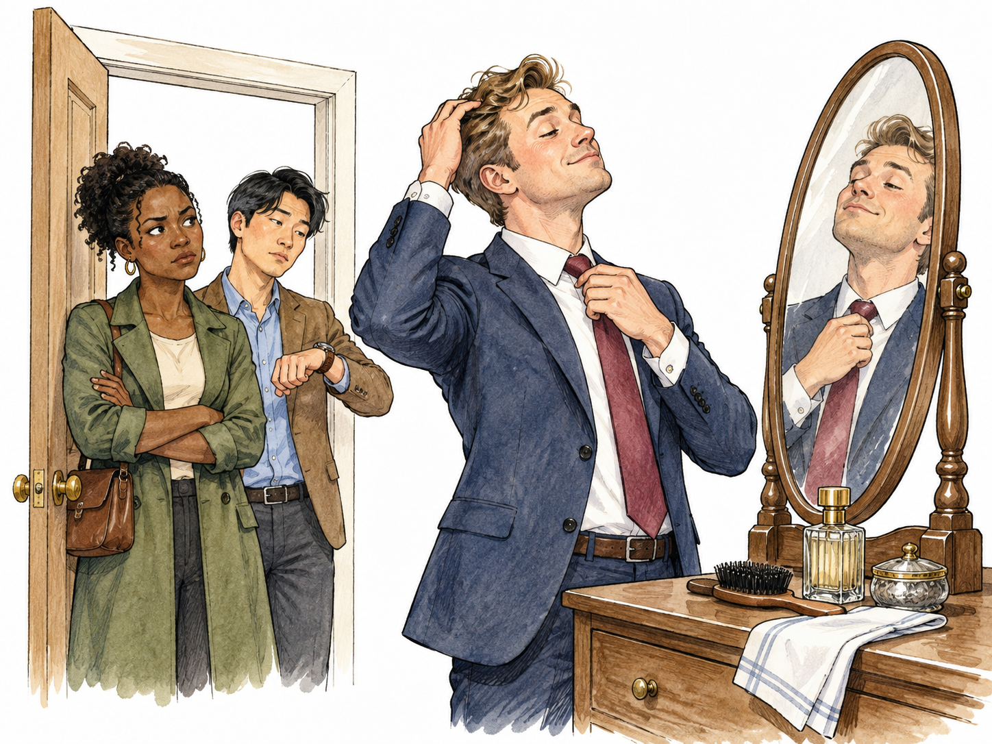 Adult admires own reflection excessively while ignoring companions waiting at doorway, polished mirror and grooming pose, no letters.