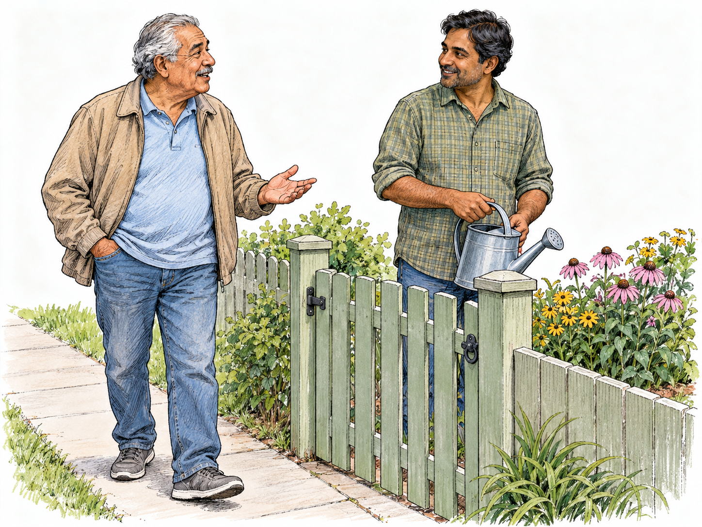 A brief, warm conversational exchange between two neighbors passing at a garden gate: one speaks with a modest smile and relaxed open hand, while the other pauses and returns an appreciative smile.