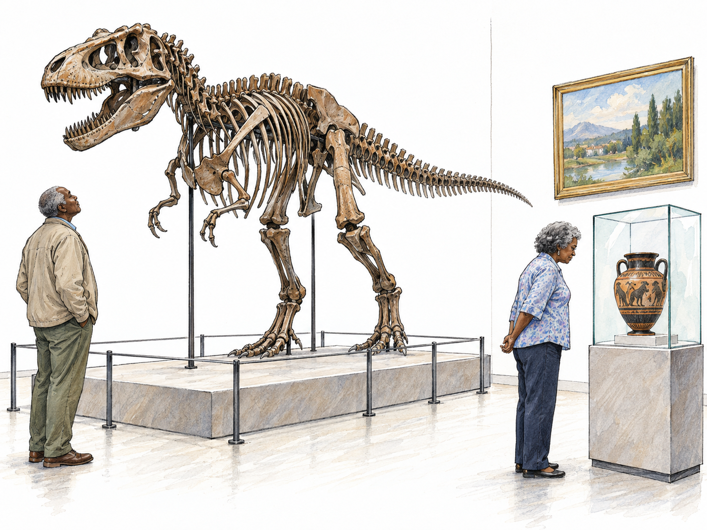 A compact museum gallery with a mounted dinosaur skeleton behind a low protective barrier, an ancient ceramic vessel in a glass display case, and a framed painting.