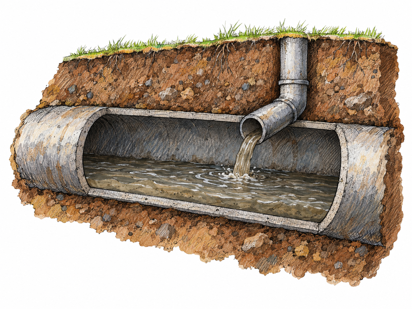 A simple ground cutaway reveals a large underground sewer pipe receiving wastewater from a smaller connected drain, with visible murky water flowing along the bottom.