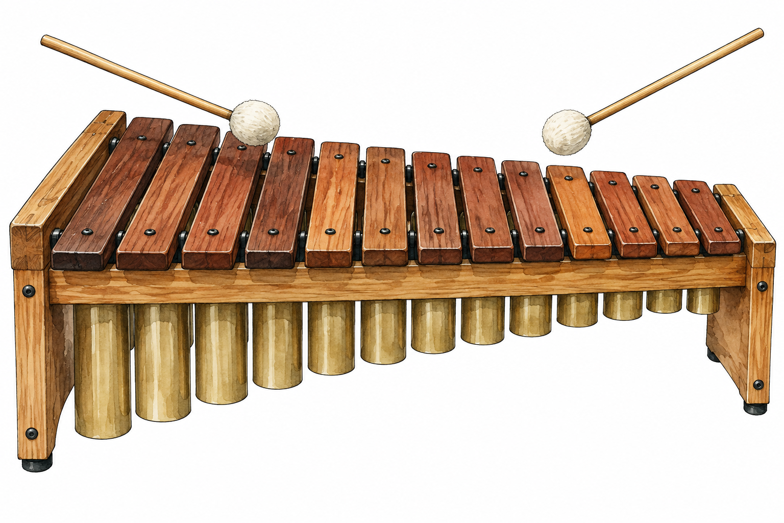 Wooden-bar xylophone with graduated bars over resonators, two soft-headed mallets poised above, no metal glockenspiel.