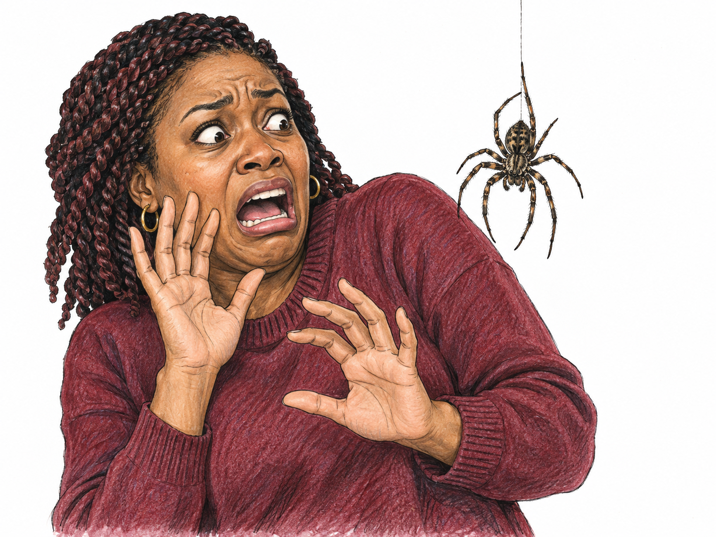 Close upper-body expression of intense horror, wide eyes, hands raised to face and body recoiling from a large spider hanging near her shoulder, no injury, sparse white setting with realistic fear and anatomy.