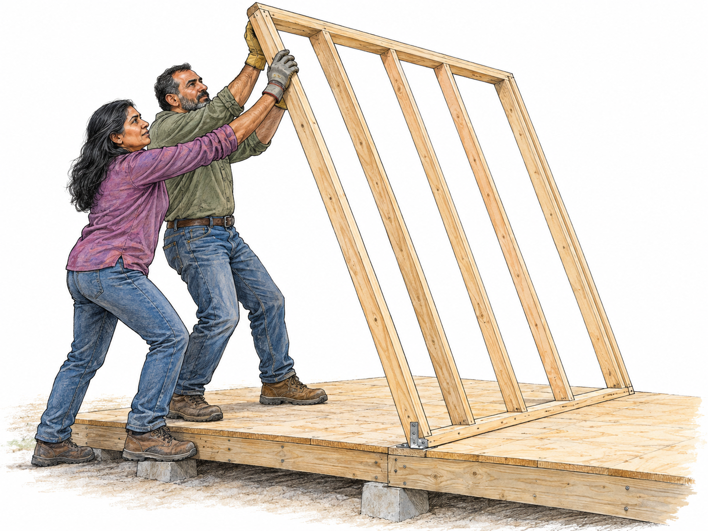 Two adults erect a small timber wall frame, lifting it from the ground toward vertical while its bottom edge remains secured to a low shed platform.