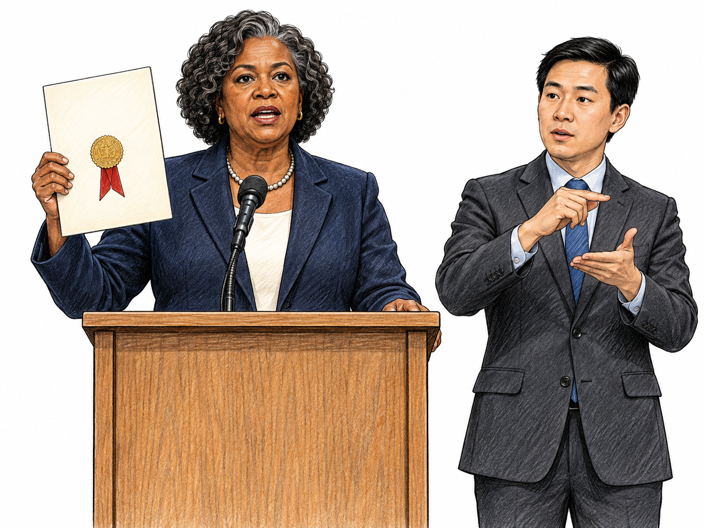 An official formally announces a new measure from a small plain lectern while an interpreter signs beside her; unlettered sealed document and one microphone establish official publication.