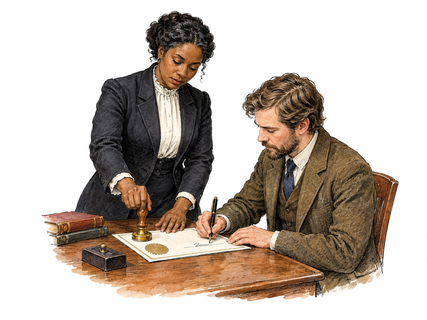 Notary witnesses a client signing and presses an unlettered embossed seal on document, formal verification visible without extra pagewriting.