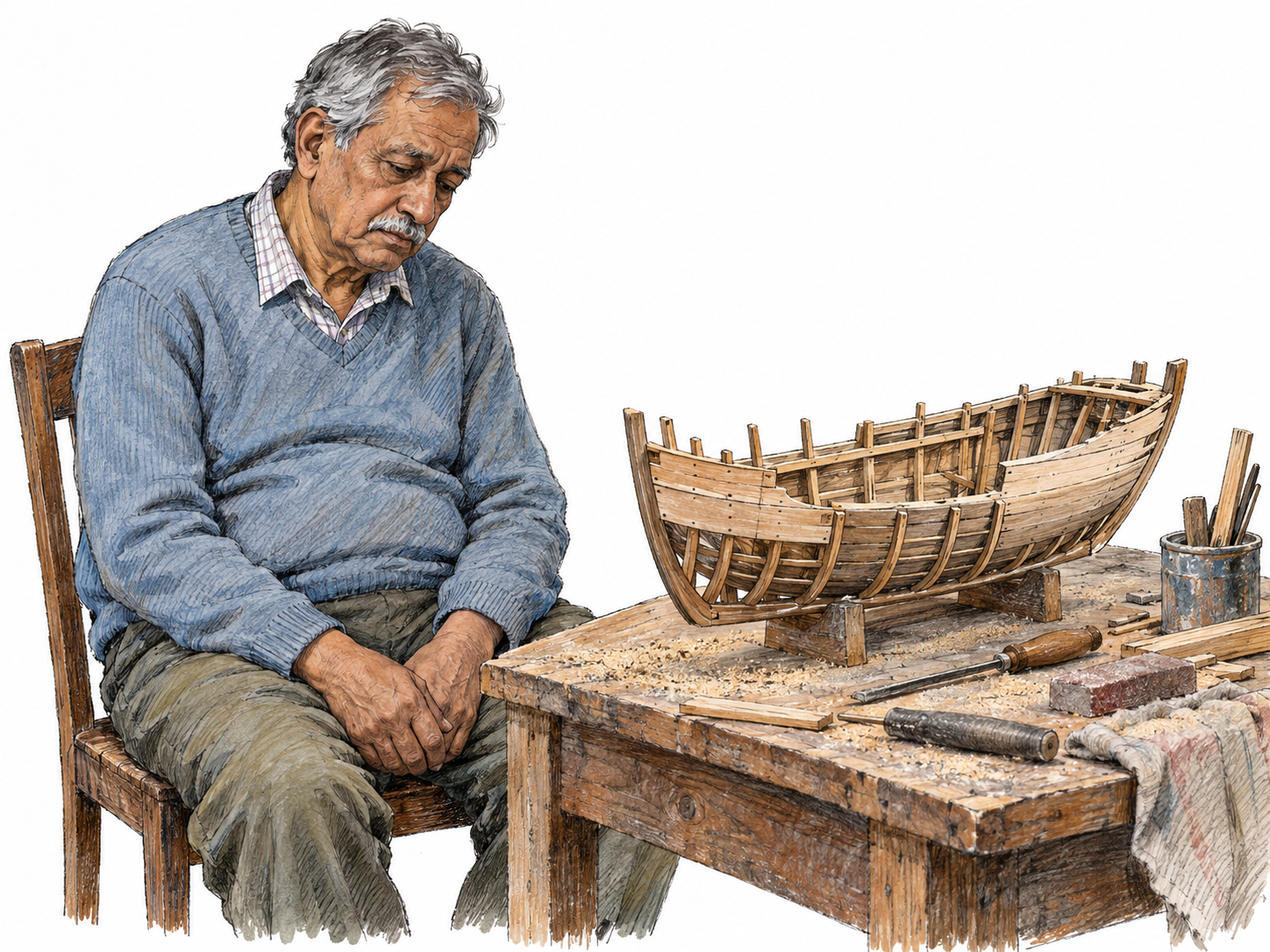 An older man sits listlessly at a neglected hobby workbench, his hands idle beside an unfinished wooden model boat.
