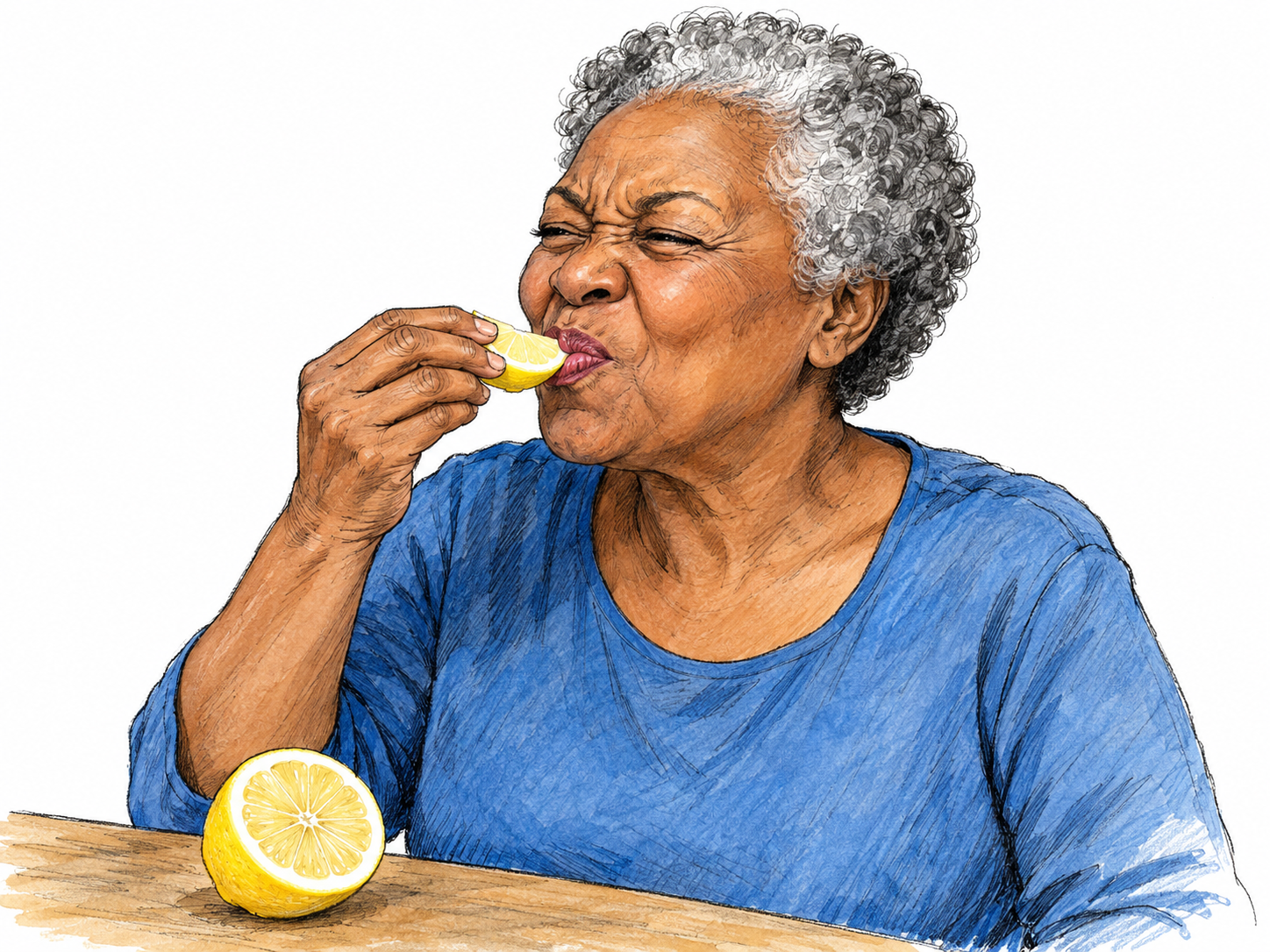 An older woman tastes a fresh lemon wedge and puckers her lips sharply, with narrowed eyes and lifted cheeks.