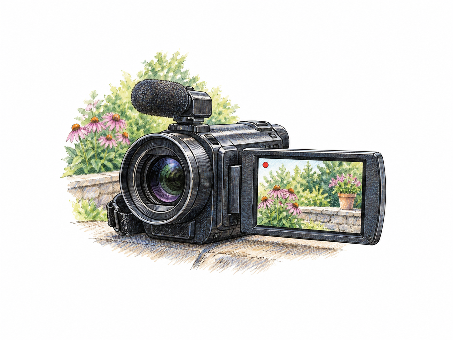 Portable handheld camcorder with flipped-out LCD screen showing a simple live garden subject, lens and built-in microphone clear; screen has only small red recording dot, no branding or text.
