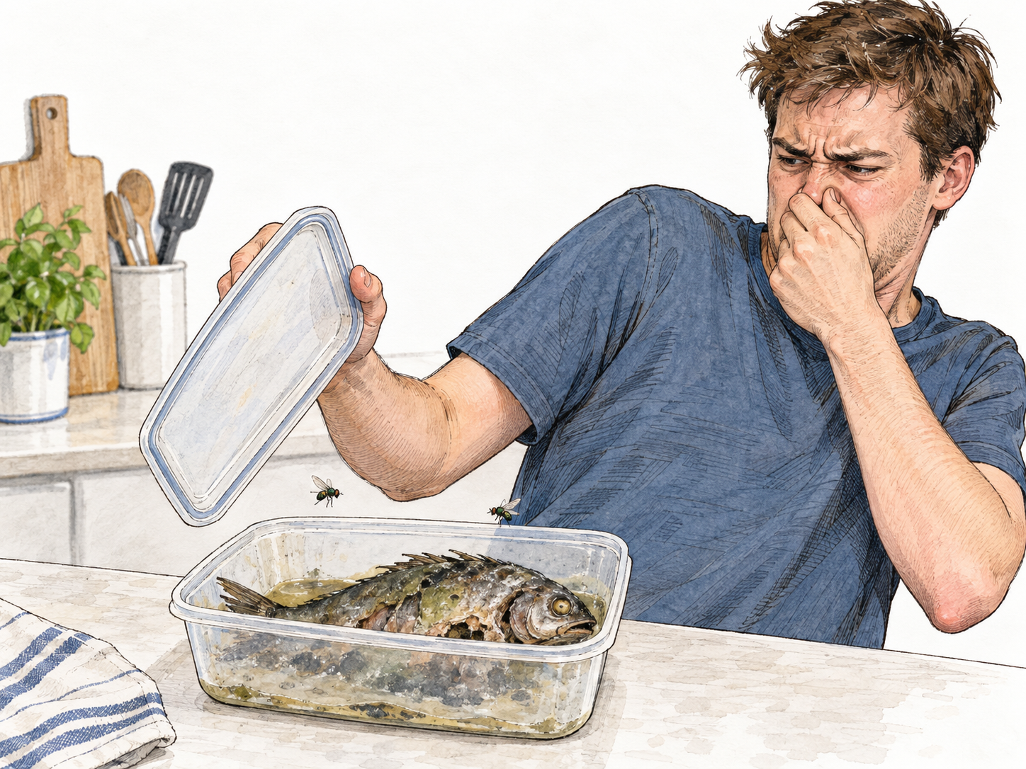 A young man recoils and pinches his nose after lifting the lid from a kitchen food container, revealing a visibly putrefying fish with discolored, collapsing flesh and flies.