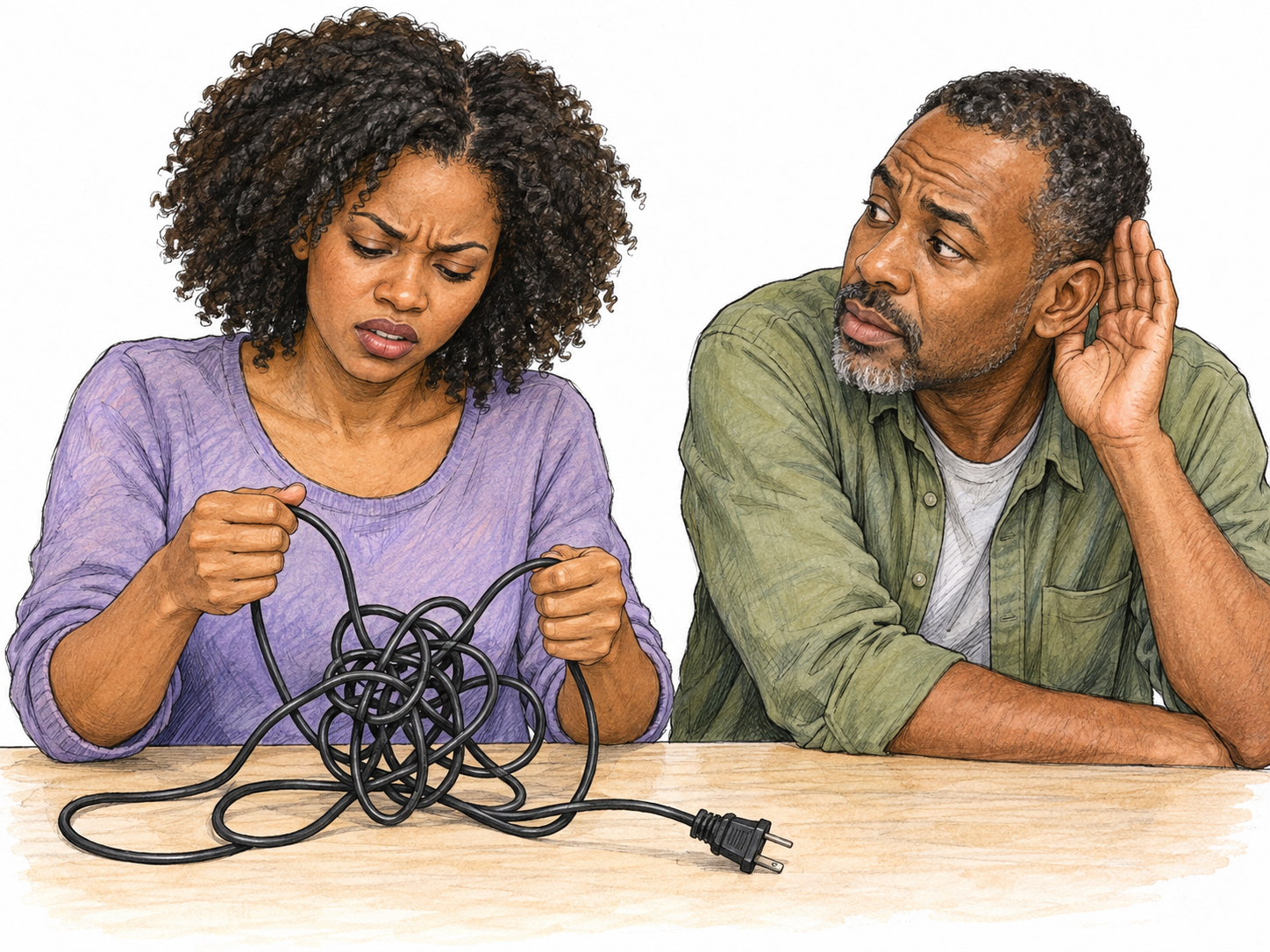 A frustrated woman speaks under her breath over a tangled cord while a nearby man leans closer and cups an ear.