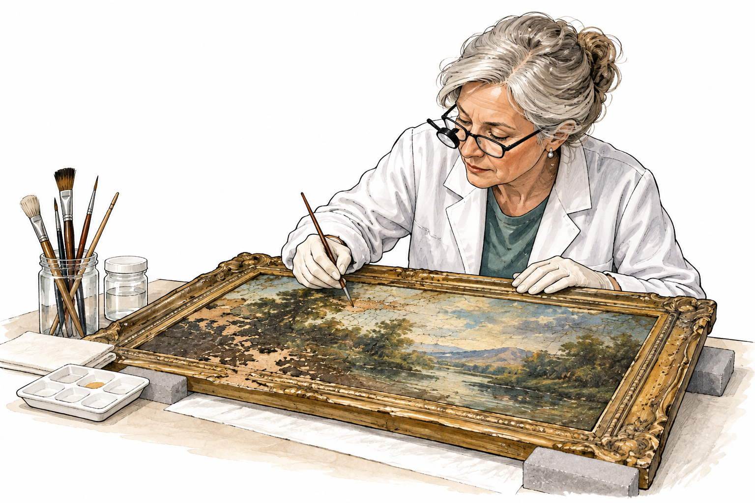 A conservator carefully restores a weathered painting with a fine brush, white older female specialist, protective setting.
