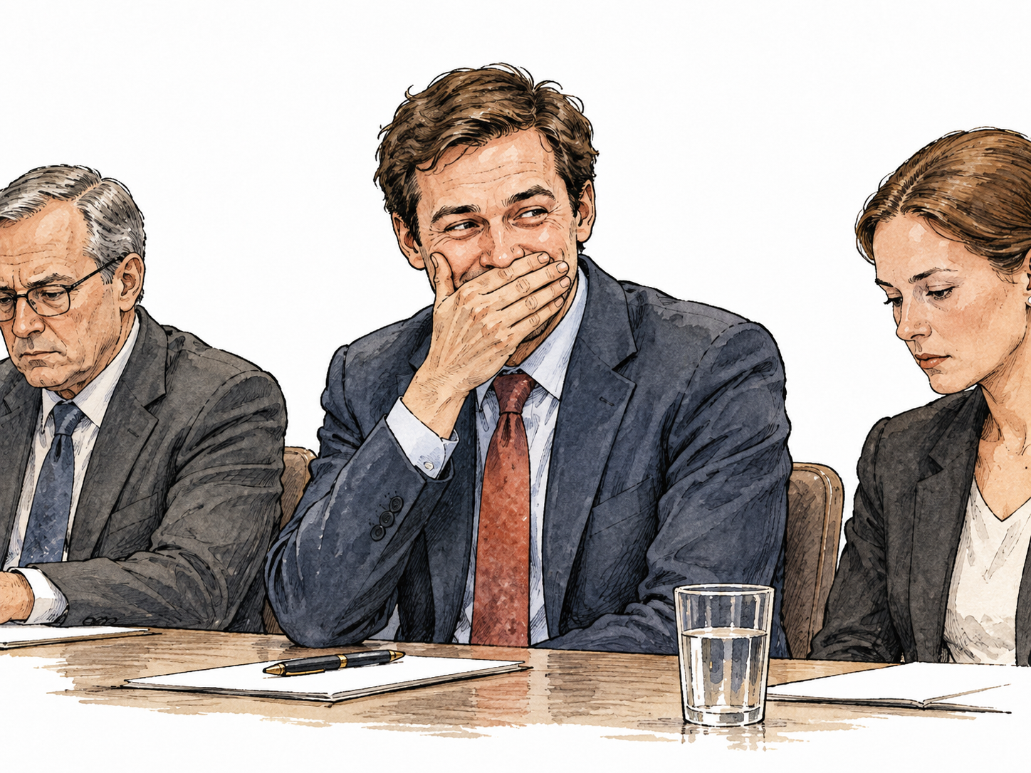 White adult holds back laughter with a hand over a closed smile during a solemn meeting.