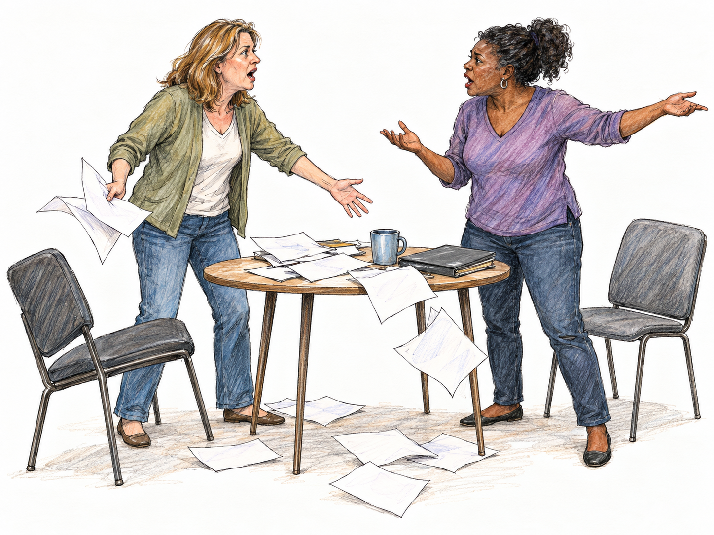 A noisy, disordered meeting: two women speak over each other with animated, conflicting gestures while loose papers scatter beside an askew chair and a small table.