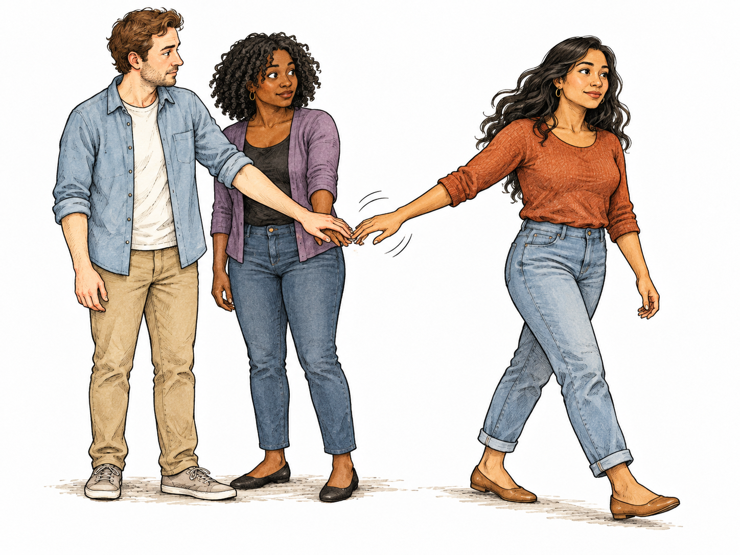 Adult deliberately steps away from a small group and gently withdraws their hand from joined circle, separation without hostility.
