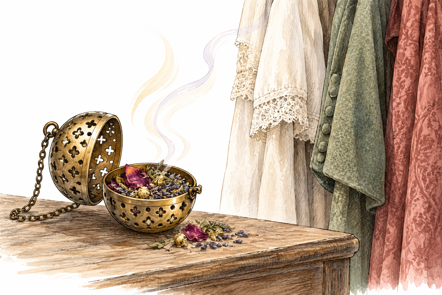 A small spherical pierced metal scent container opened to show dried aromatic herbs beside hanging clothing, gentle subtle fragrance wisps, no writing.