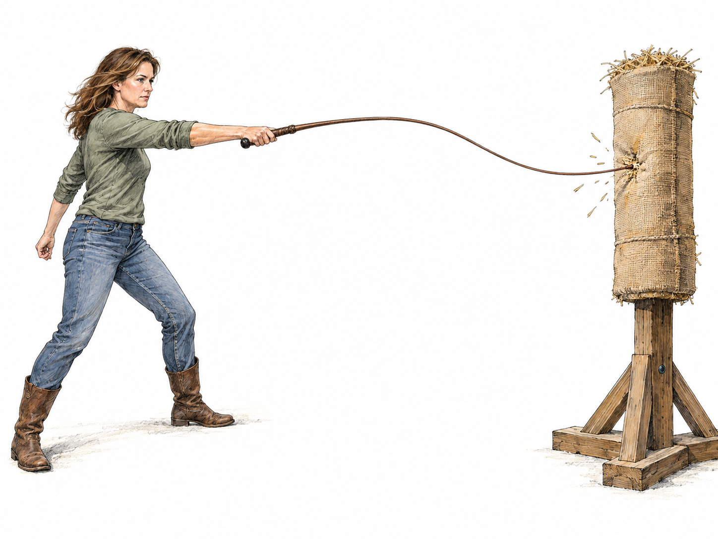 A woman lashes a burlap-covered practice target with a long leather whip, shown at the instant the lash strikes its surface.