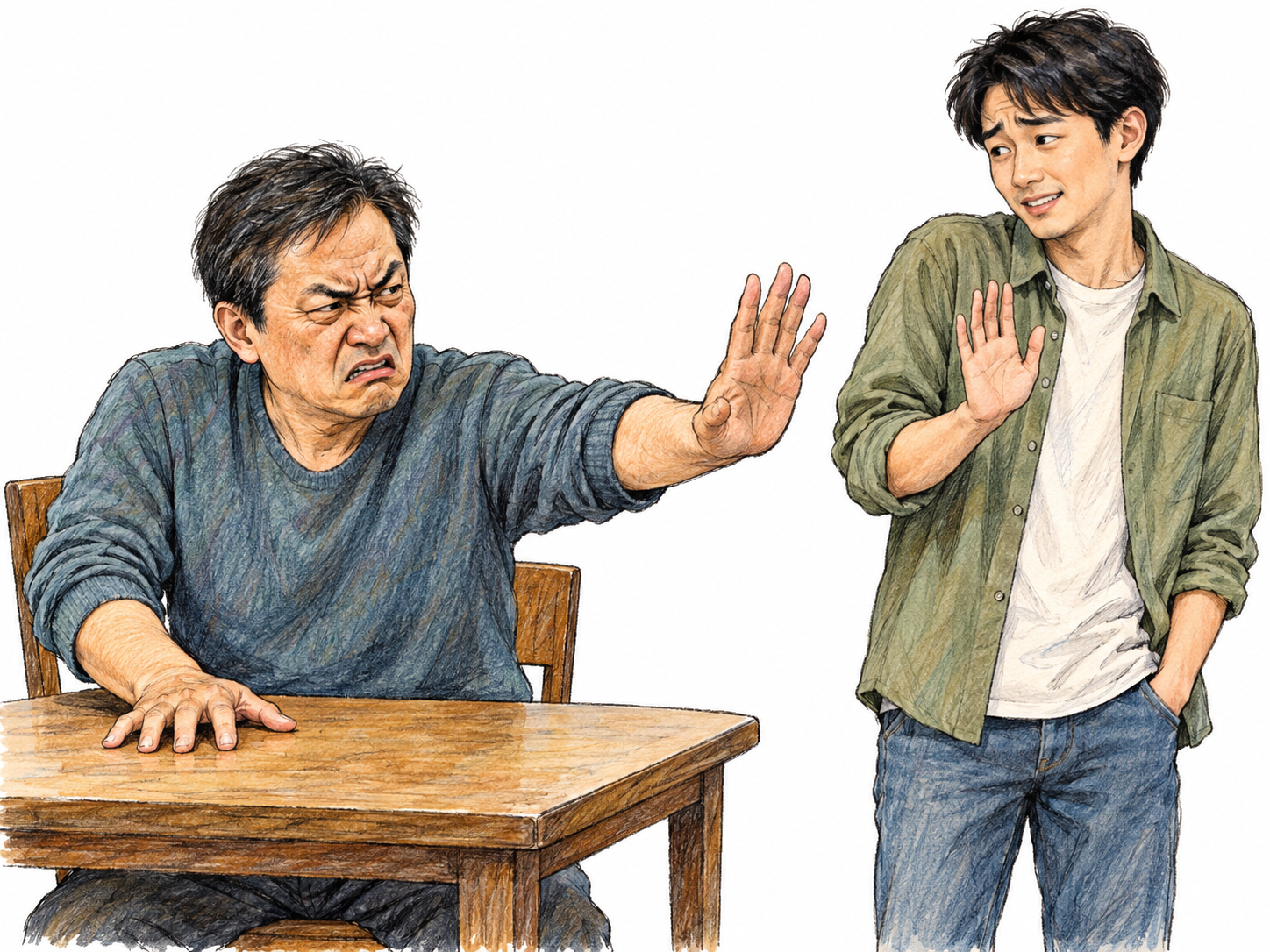 A scowling seated man pushes away a friendly greeting with his palm.