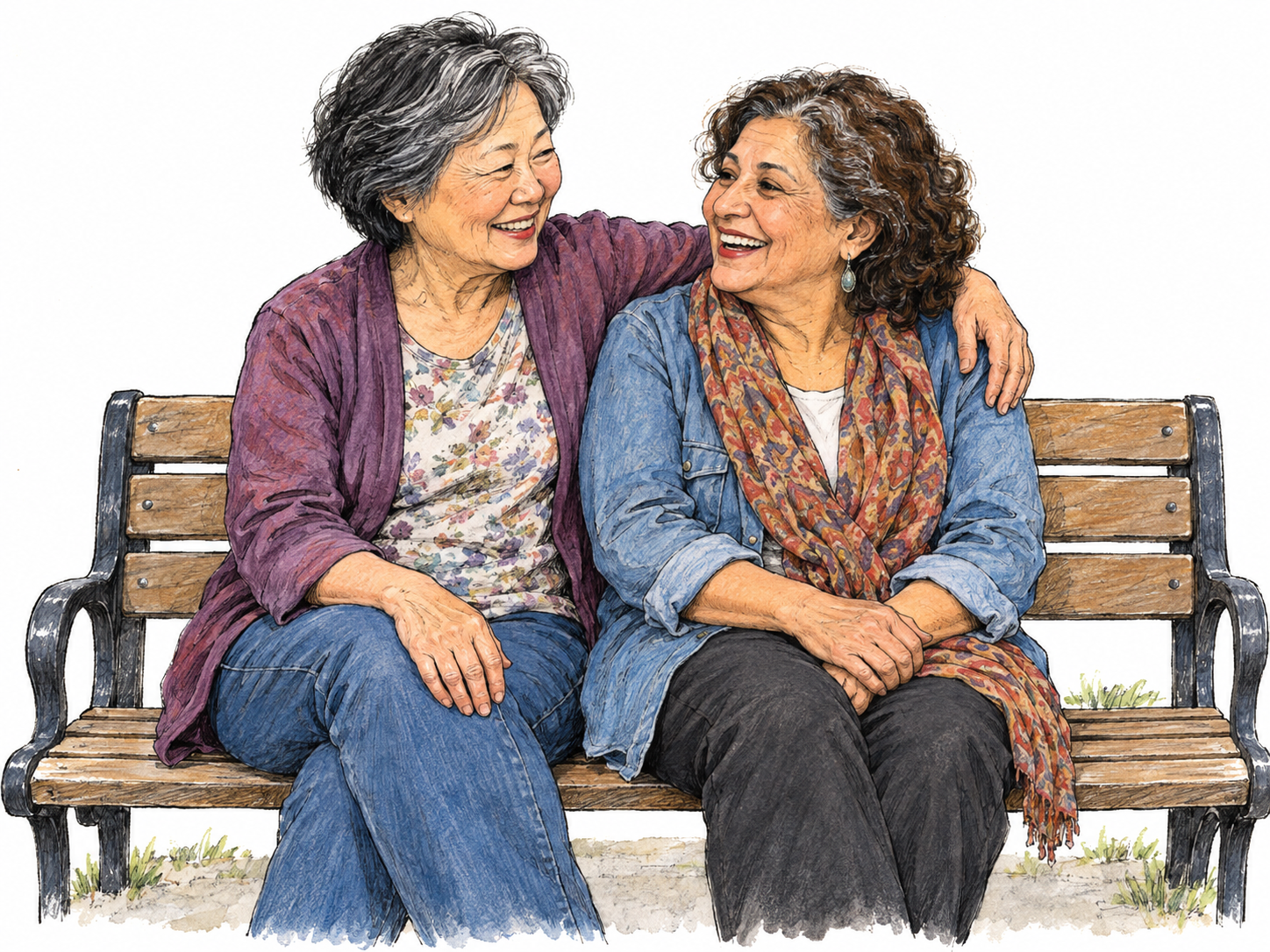 Two older women sit closely on a simple park bench, laughing together; one rests an arm casually around the other's shoulders.