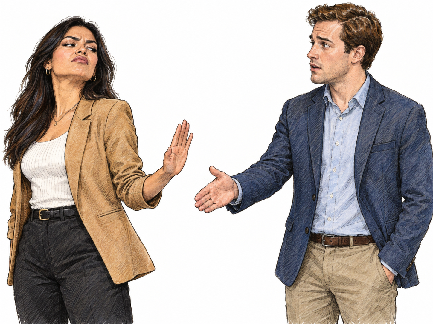 A self-important woman looks down her nose at a politely greeting peer, lifting her chin and turning away with a curled lip while dismissing his offered handshake.