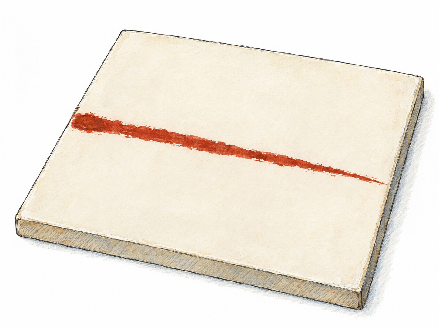 A pale ceramic tile bears one long, thin rust-red paint streak, clearly contrasting with the otherwise clean surface.