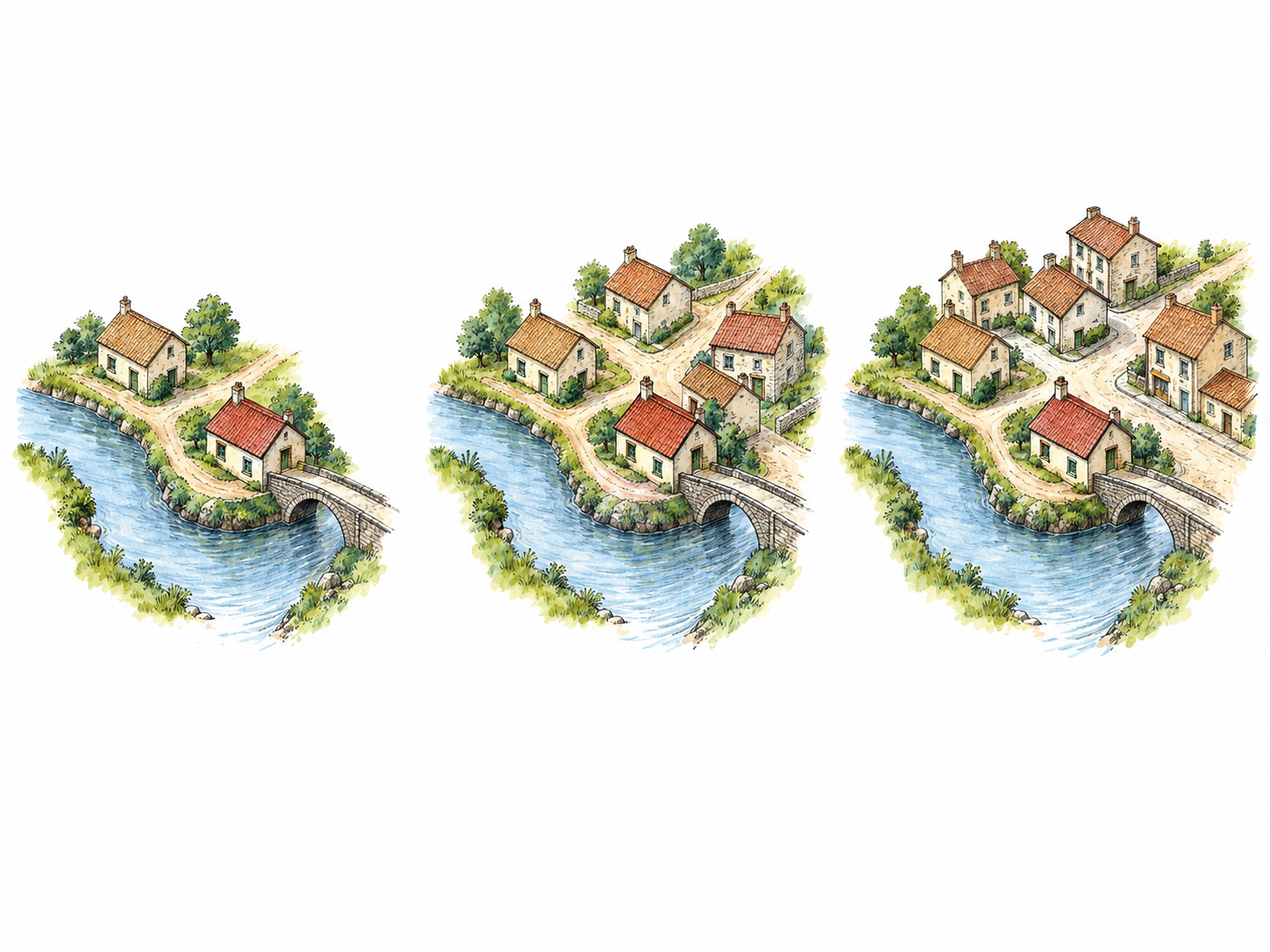 Three matched views show a small riverside settlement gradually developing into a town, with intermediate additions and enduring landmarks making change over time recognizable.