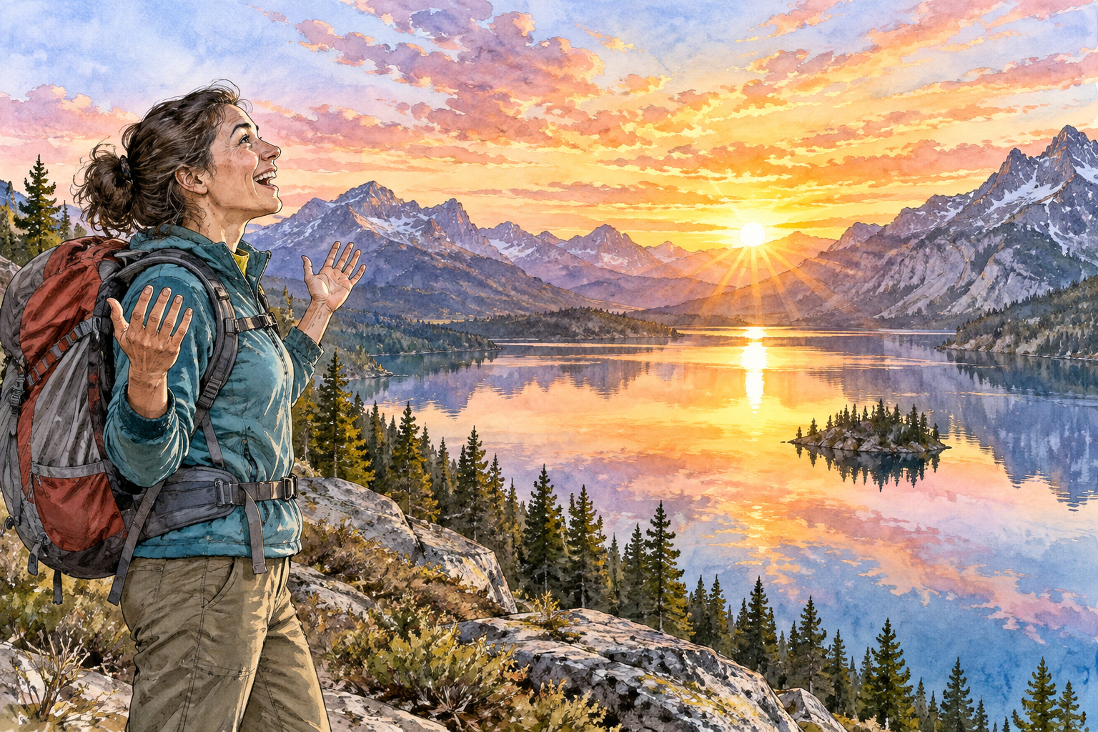 An adult hiker is filled with intense delight on first seeing a magnificent sunrise above a mountain lake, luminous sky reflected in water, face radiant and eyes wide with wonder, hands lifted slightly in joyful astonishment.
