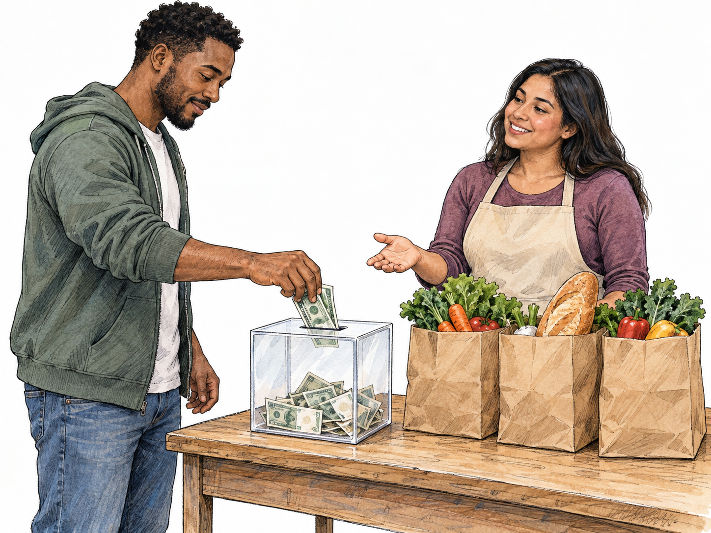 A man donates banknotes to a community food pantry while its volunteer receives the contribution beside bags of free groceries.