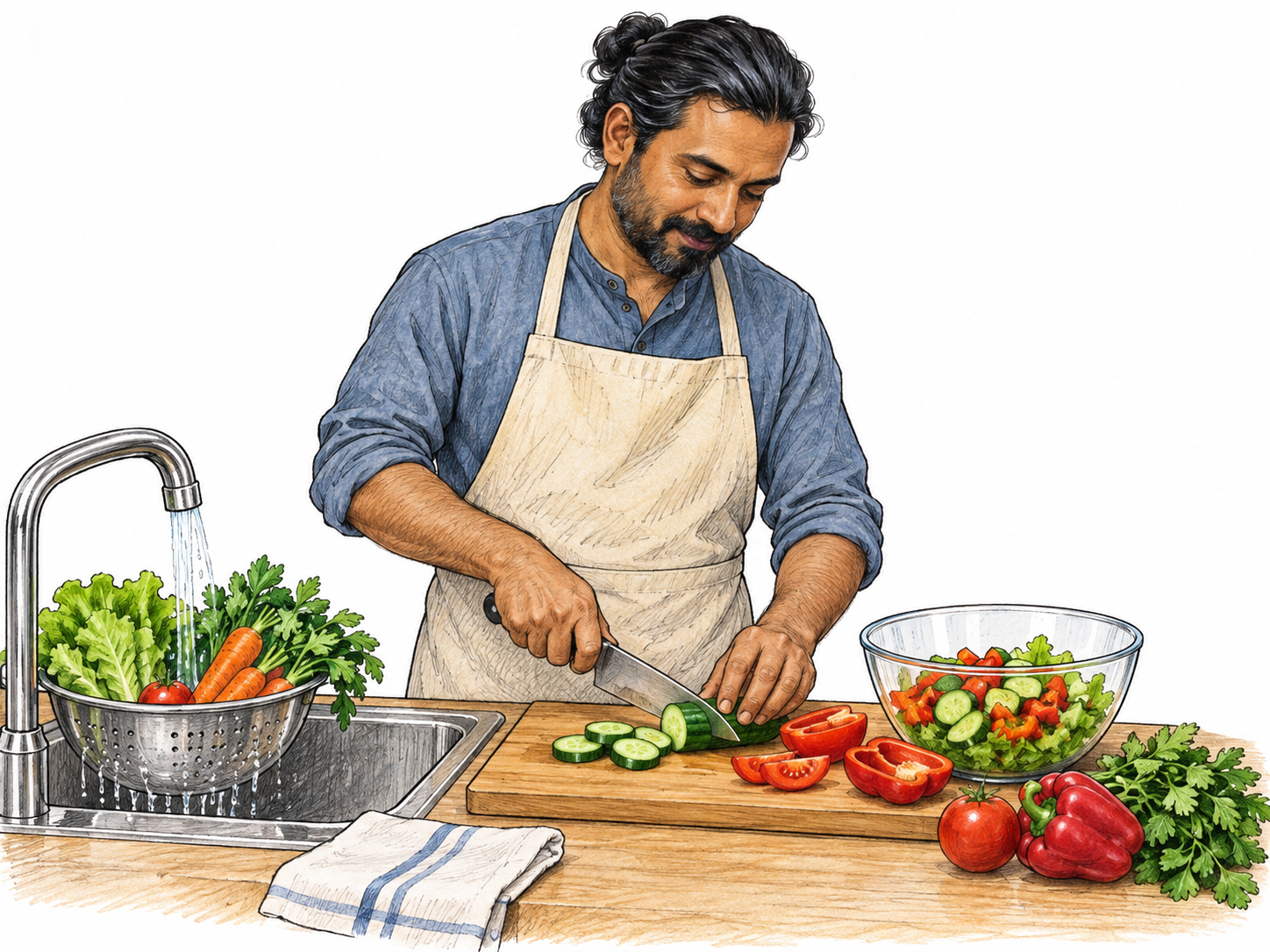 An adult washes and cuts vegetables into a bowl before cooking; making ready for use, natural safe kitchen action.