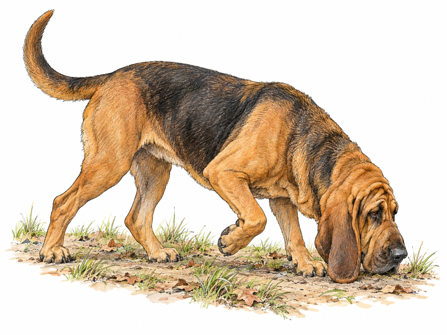 A recognizable bloodhound follows a scent with its nose close to the ground, long ears hanging beside its muzzle and one forepaw advancing along a sparse woodland trail.