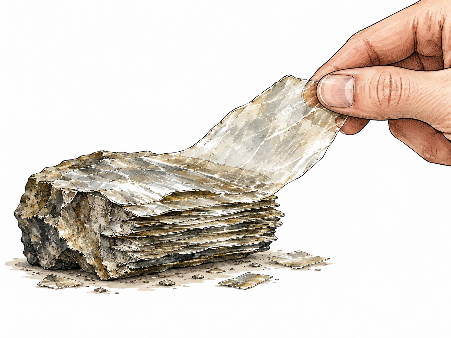 A single thin translucent sheet of mica is separated from a layered mineral sample, thin lamina clear.