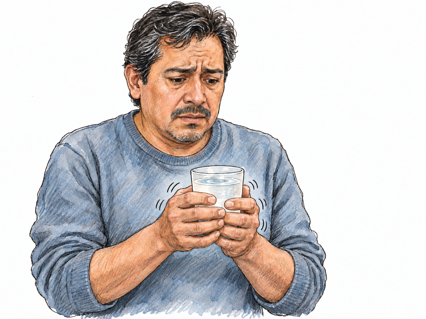A nervous middle-aged Latino man holds a plain cup with slightly trembling hands; a small ripple in the water and restrained motion marks make the gentle shaking visible.