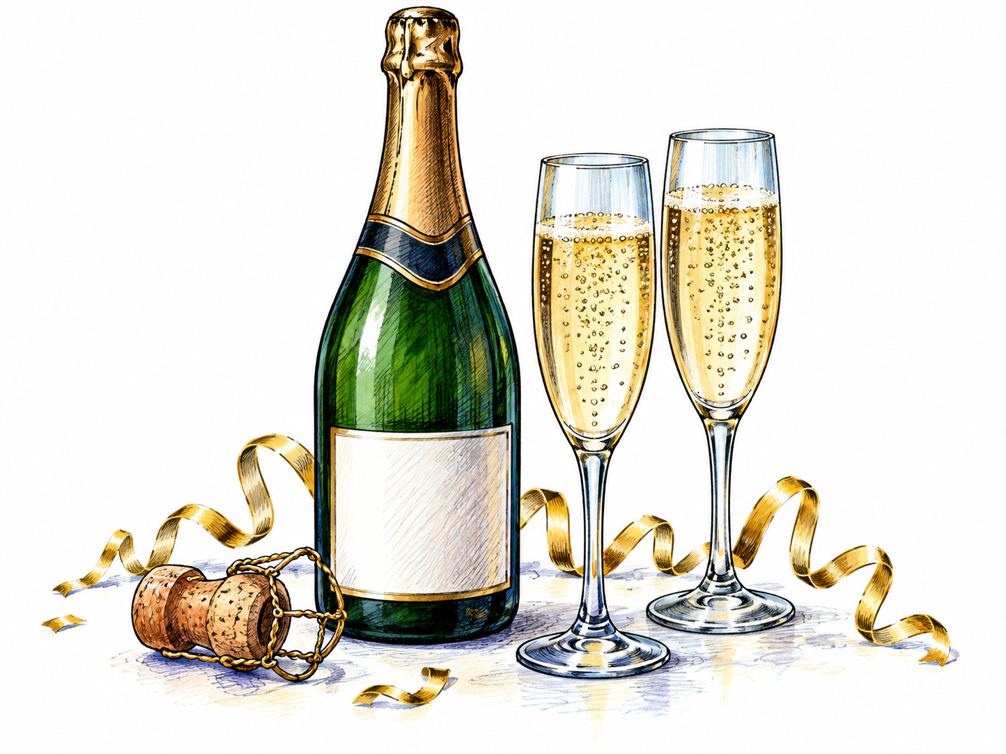 A sparkling-wine bottle with a completely blank label stands beside two narrow filled glasses, streams of bubbles and a loosened cork nearby suggesting celebration; no lettering.