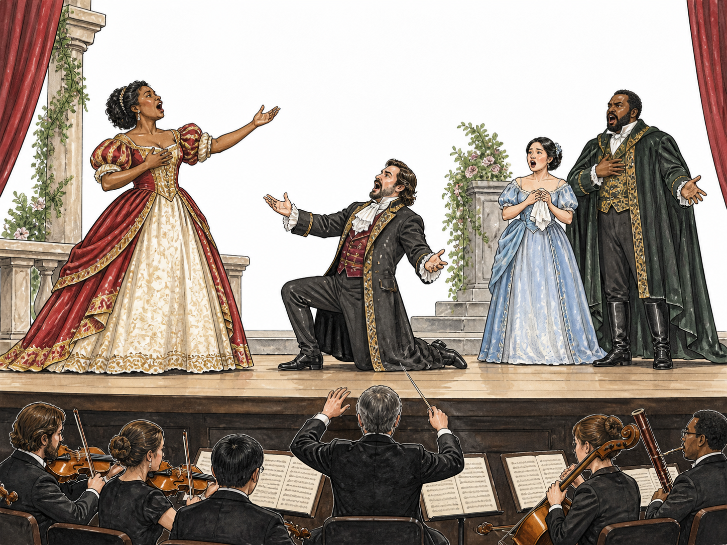 A diverse opera cast sings a dramatic scene on a stage with orchestra pit.