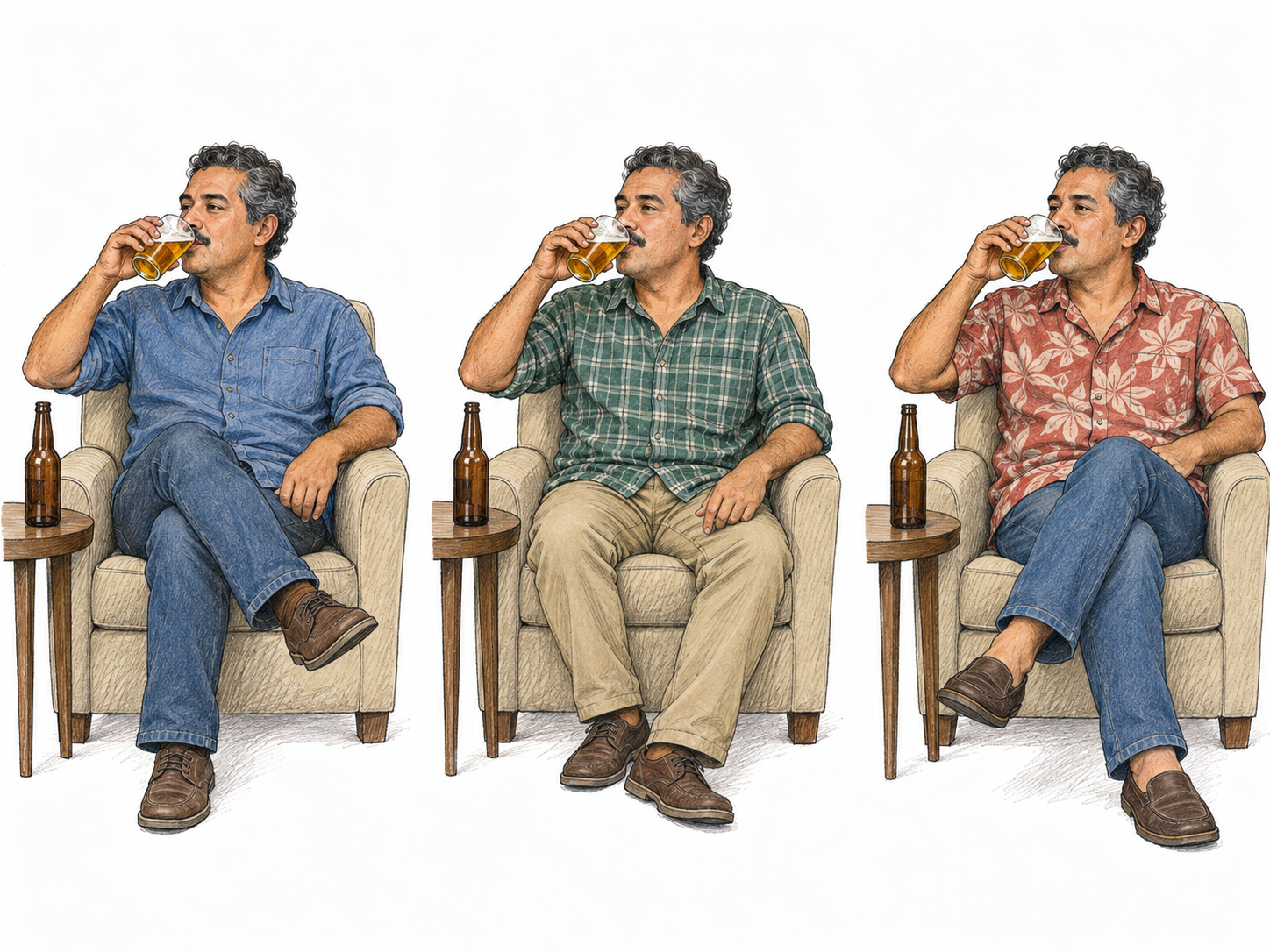 Three small, clearly separated vignettes show the same middle-aged man drinking beer in the same chair on different evenings.