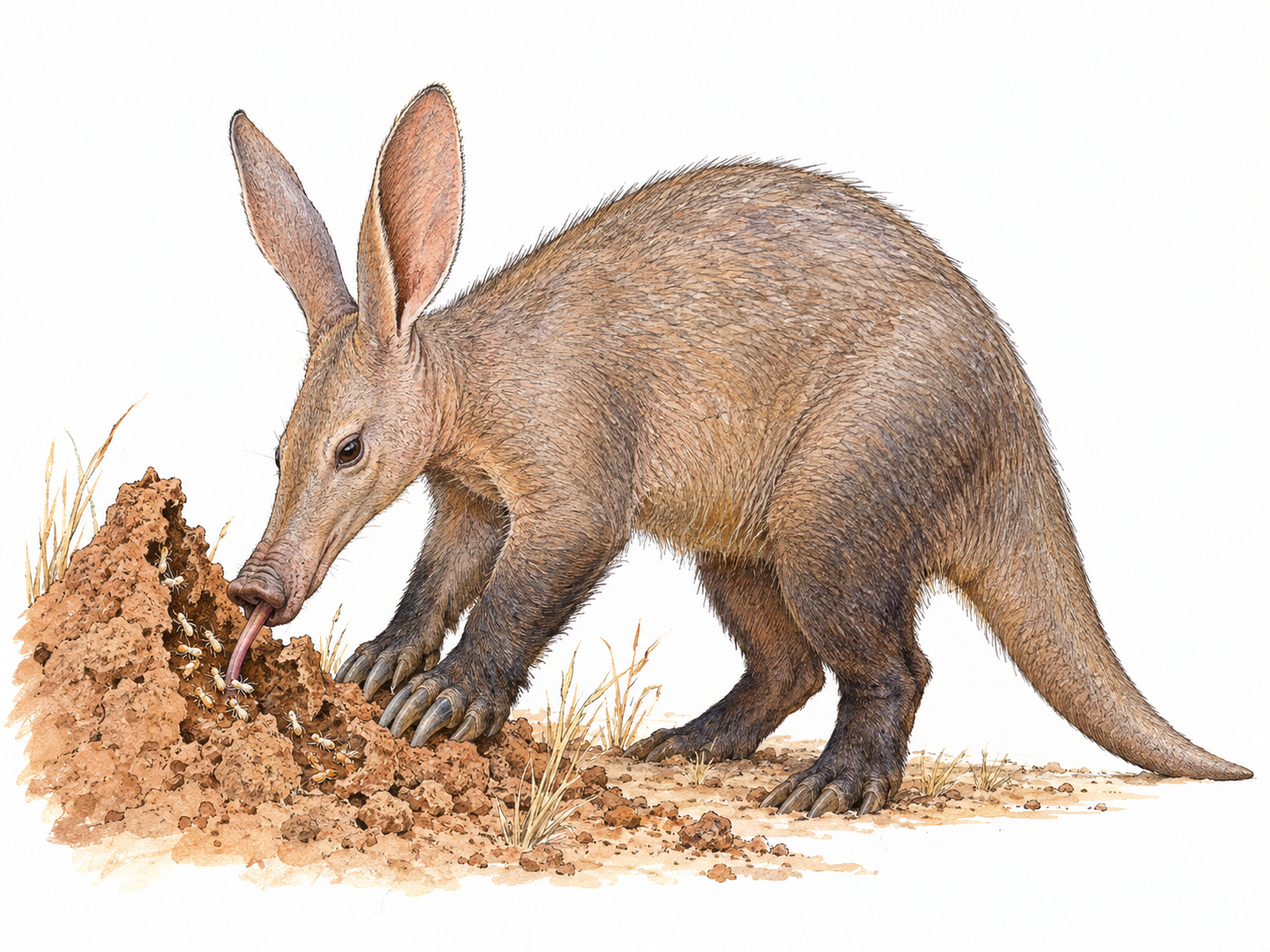 A single aardvark in clear side view feeding on termites at a small broken-open earthen termite mound, with its long snout, tall ears, digging claws and thick tapering tail clearly visible.