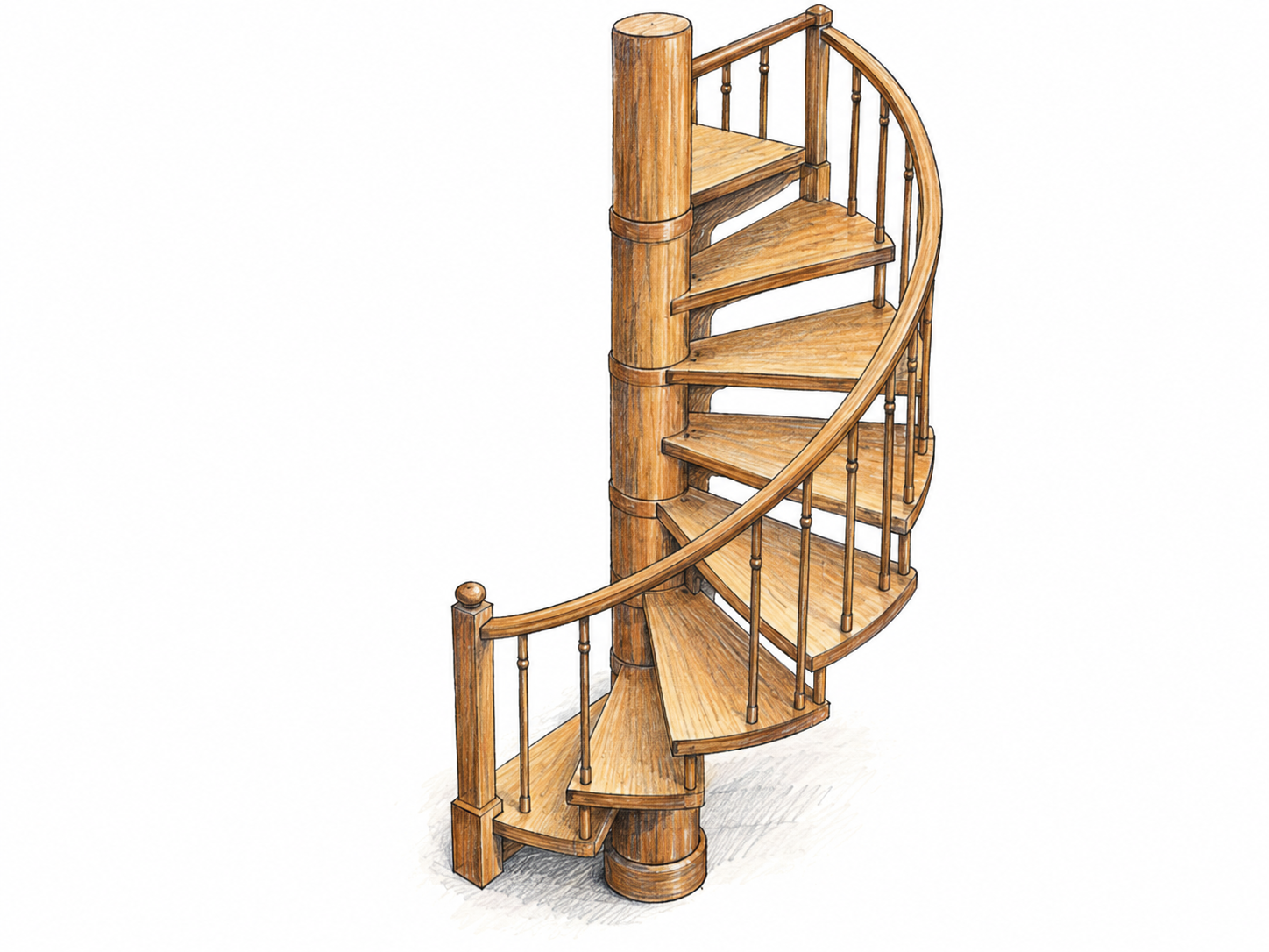 A compact wooden spiral staircase with wedge-shaped treads visibly joined to one substantial central newel post, making the post's structural role unmistakable.