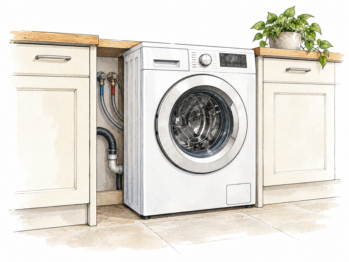 A freshly installed washing machine stands fitted neatly between cabinets with hoses connected behind in a small cutaway.