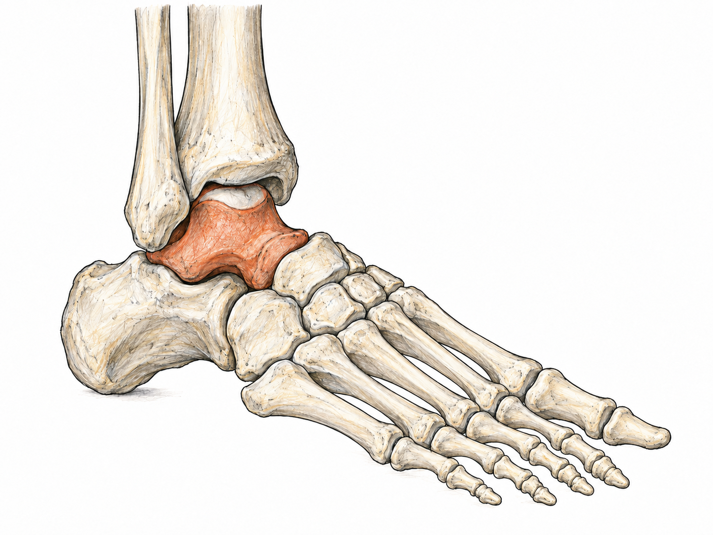 An anatomically accurate three-quarter view of the ankle and foot skeleton, with the talus alone highlighted in muted terracotta where it sits beneath the tibia, above the heel bone, and behind the navicular.