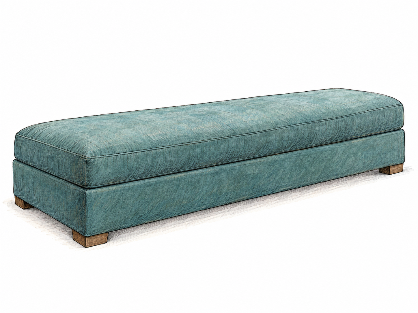 An isolated long, low upholstered divan shown in three-quarter view, with a continuous cushioned seat and no backrest or arms.