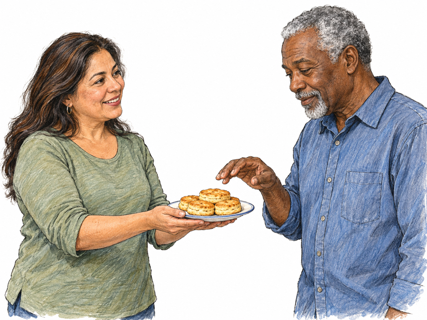 A woman extends a small plate of biscuits toward a man, who looks at the offered food and begins to reach for one.
