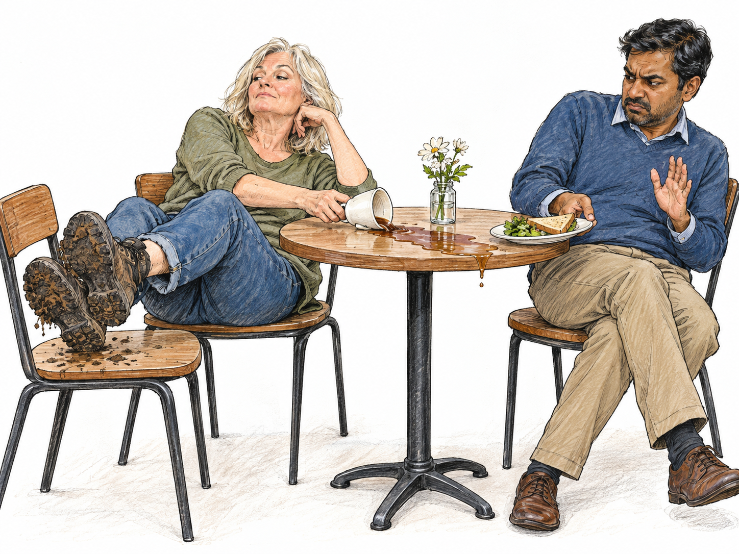 A boorish café customer sprawls across the seating with muddy shoes planted on the neighboring chair, carelessly knocking her drink toward another customer's meal while showing no concern.