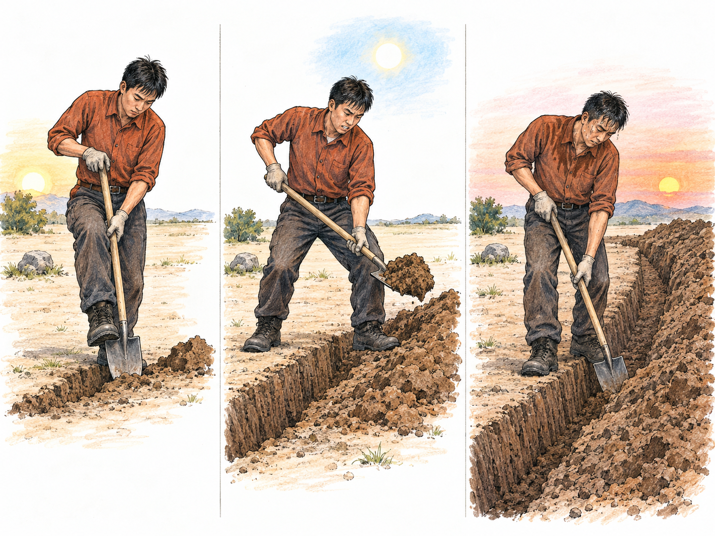 A three-stage continuous sequence shows the same man laboriously digging a long trench from morning through midday to dusk.