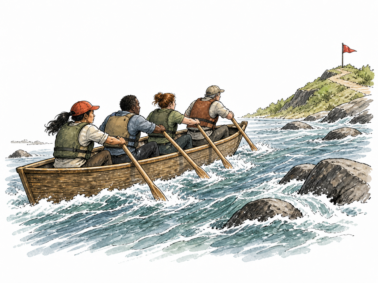 A small rowing boat makes visible forward progress against a current, determined diverse adult rowers.