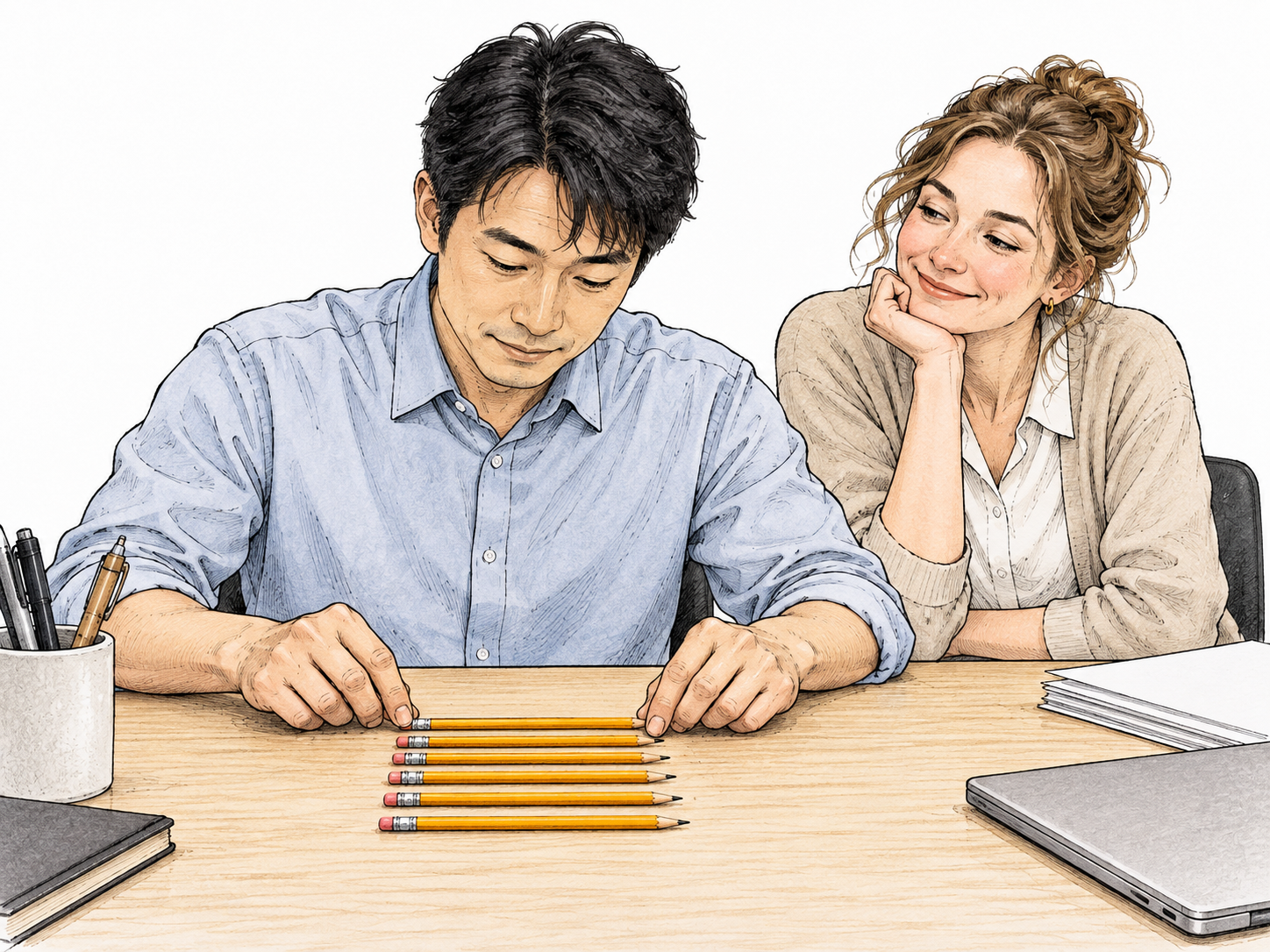 Adult compulsively straightens already-neat pencils into perfect parallel rows while colleague smiles affectionately, harmless minor foible.