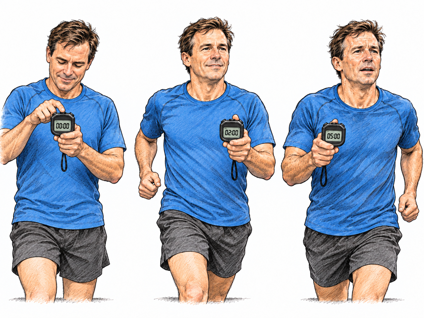 A compact three-stage sequence shows a runner starting a stopwatch and continuing to run while its elapsed-time display increases, making the starting event and the period continuing from it visible.
